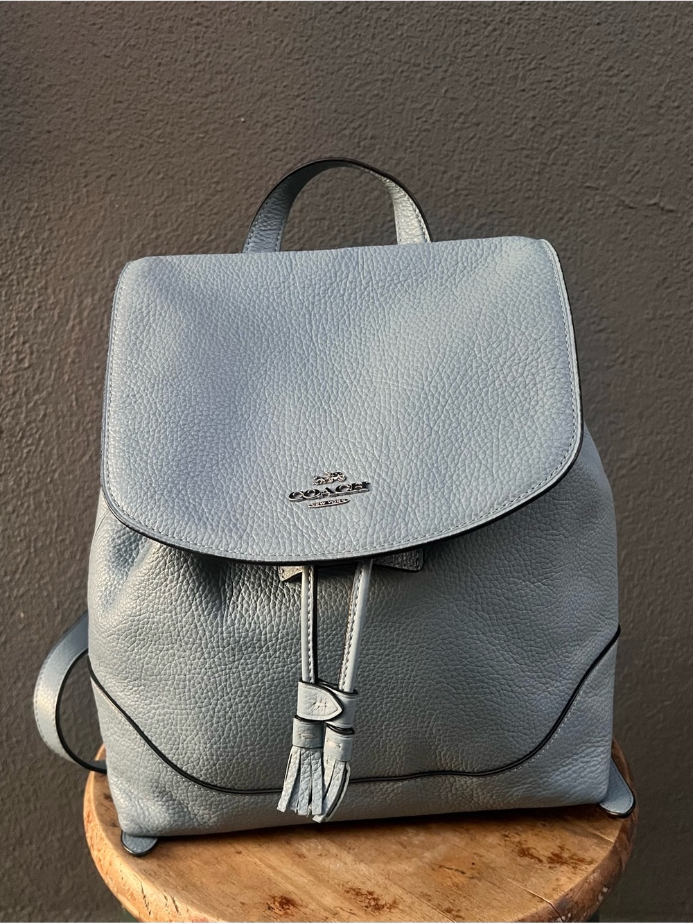 Coach Elle F72645 Cornflower Blue Leather Backpack Tassel Pull Drawstring